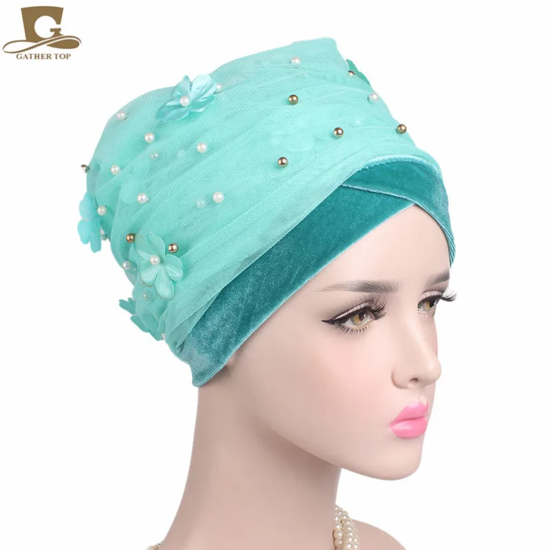 3D цветок из бисера длинный бархатный тюрбан головной убор нигерийский тюрбан стильный головной платок для женщин Африка хиджаб дамы тюрбан - Цвет: light green
