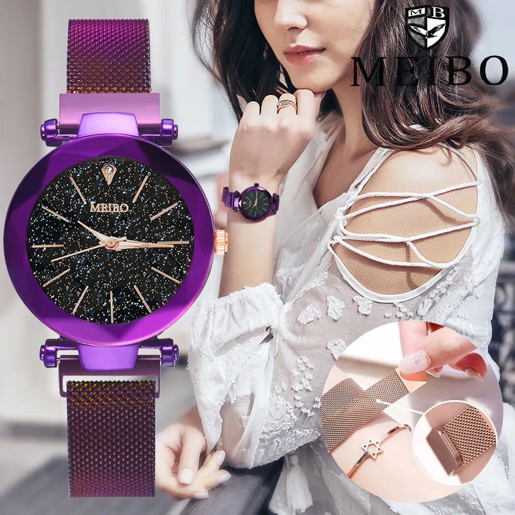 

MEIBO Quartz Stainless Steel Band Magnet Buckle Starry Sky Analog Wrist Watch montre femme cuir women's watch vrouwen horloges