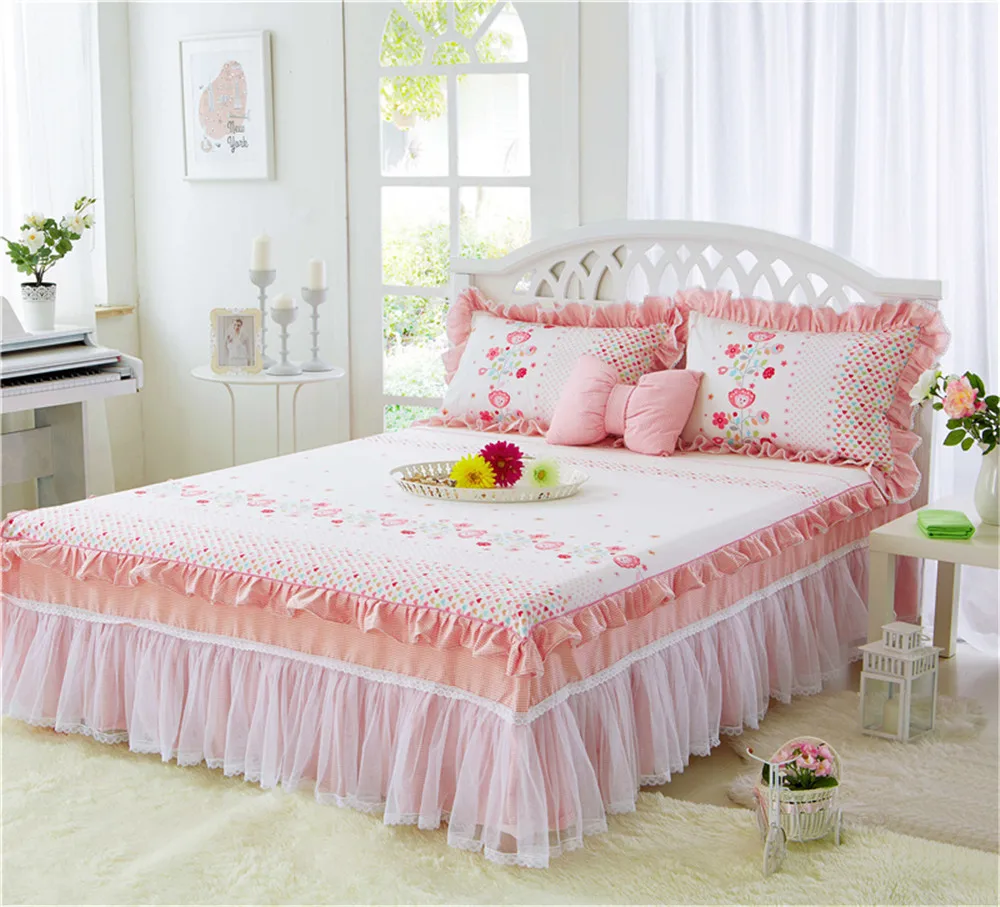 White pink Flower 3pcs Lace Bed Skirt soft Pillowcases Wedding Princess