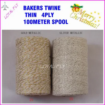 

10pcs/lot colored cotton bakers twine 4ply thin, 100m/spool gold/sliver metalic twine used for party, festival, wedding