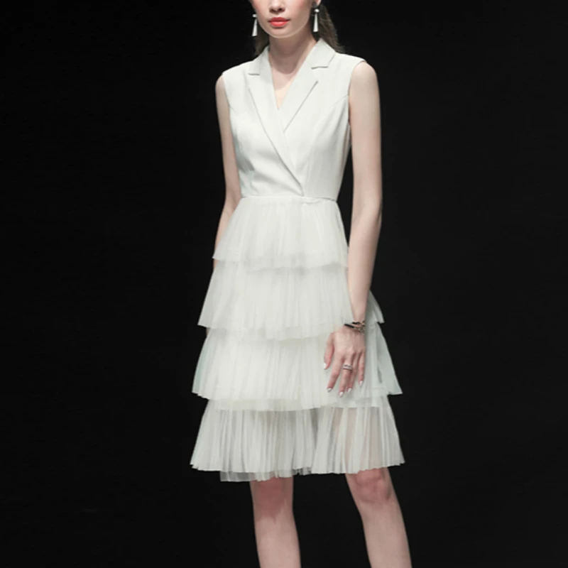 

2019 Summer White Streetwear Elegant Robe Femme Notched Mesh Ruffles Patchwork Party Ball Gown Dress Women Office Lady Dress