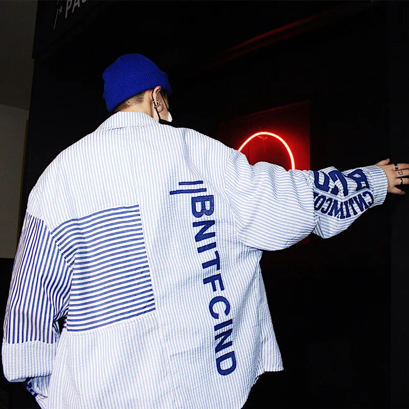 

European And American Street Stripe Letter Printing OVERSIZE Loose Long-sleeved Yu Wenle Casual Men Shirt Tide Camisa Masculina