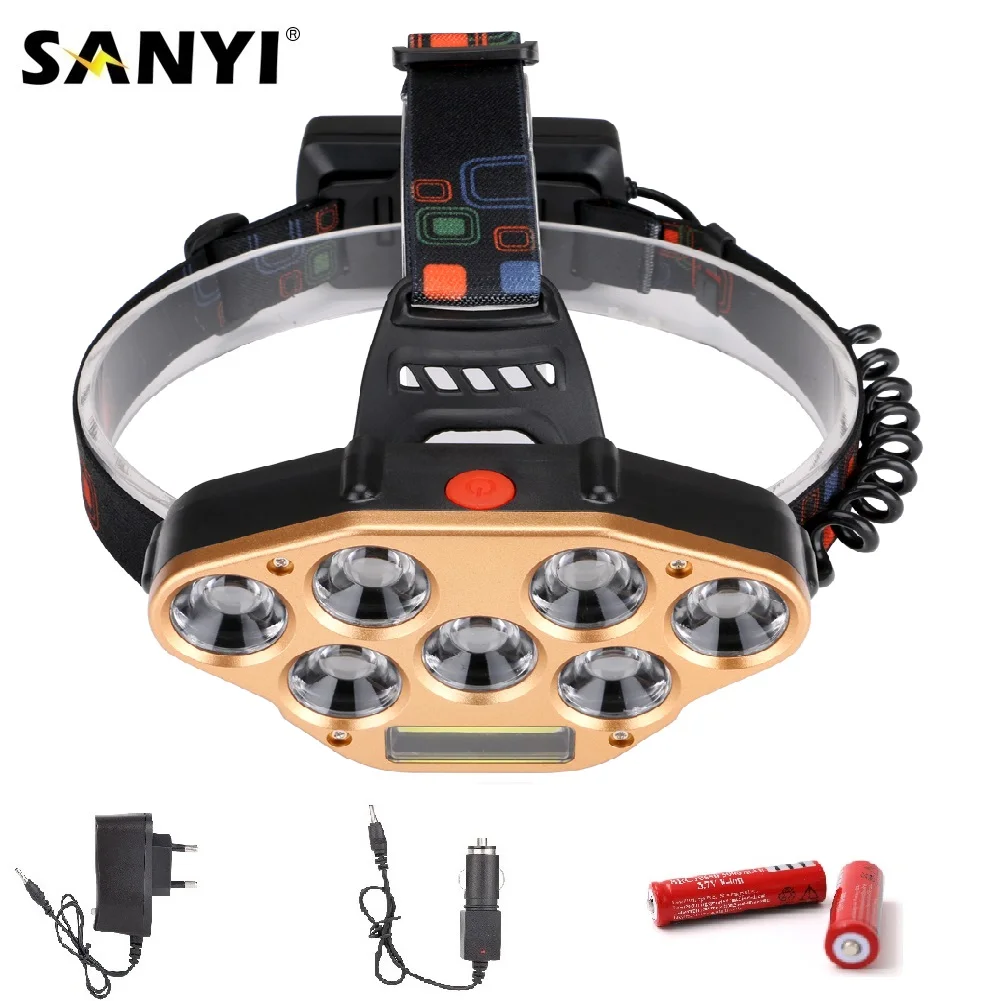 

Sanyi LED Headlamp 7*XM-L T6 +1*COB LED Head Flashlight Torch Rechargeable Head Light Forehead Lamp Head Fishing 18650 Headlight