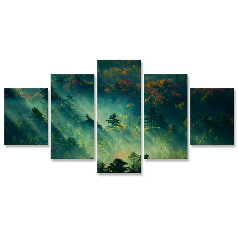 

Fog in Jungle Morining Sunlight Forest Wall Art Painting 5 Panels Poster Wall Decor Canvas Paintings for Living Room