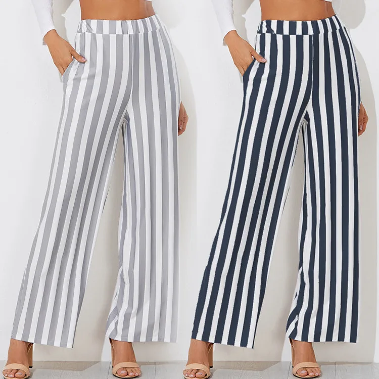 Fashion Loose High Waist Wide Leg Elastics Pants Autumn Causal Stripped