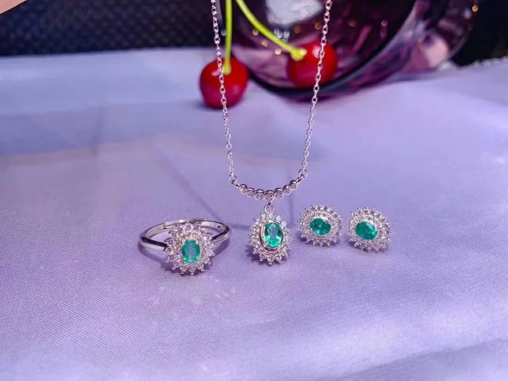 SHILOVEM 925 sterling silver Natural Emerald rings pendants earrings send necklace fine Jewelry wedding gift dtzj0405z0406e0405