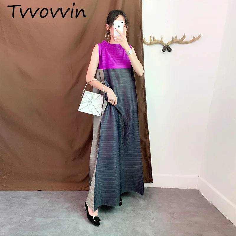 

TVVOVVIN 2019 New Summer And Autumn Fashion Women Pleated Japan Styles Vintage Clothes Sleeveless Contrast Colors Dress C299
