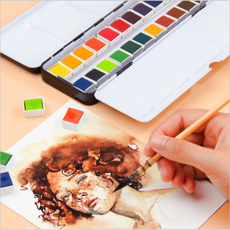 Professional 24 Colors Solid Watercolor Paints Set With Paintbrush Water color Pigment Set Acuarelas Verf Iron Box  Art Supplies