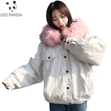 Зимние Для женщин меховой воротник с капюшоном и длинными рукавами плюс толстый бархат Однобортный Джинсовая Верхняя одежда свободные Повседневное Модные пальто ZX798