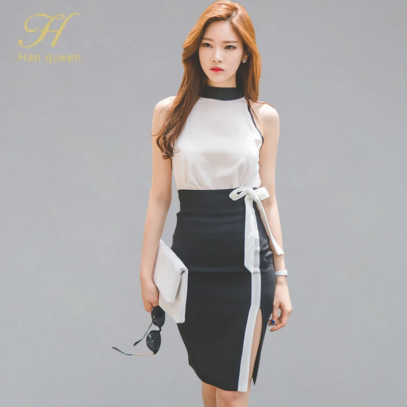 

H Han Queen Women 2019 Summer 2-piece Suits Contrast Color Halter Shirt Top + High Waist Bow Sheath Pencil Skirt OL Business Set