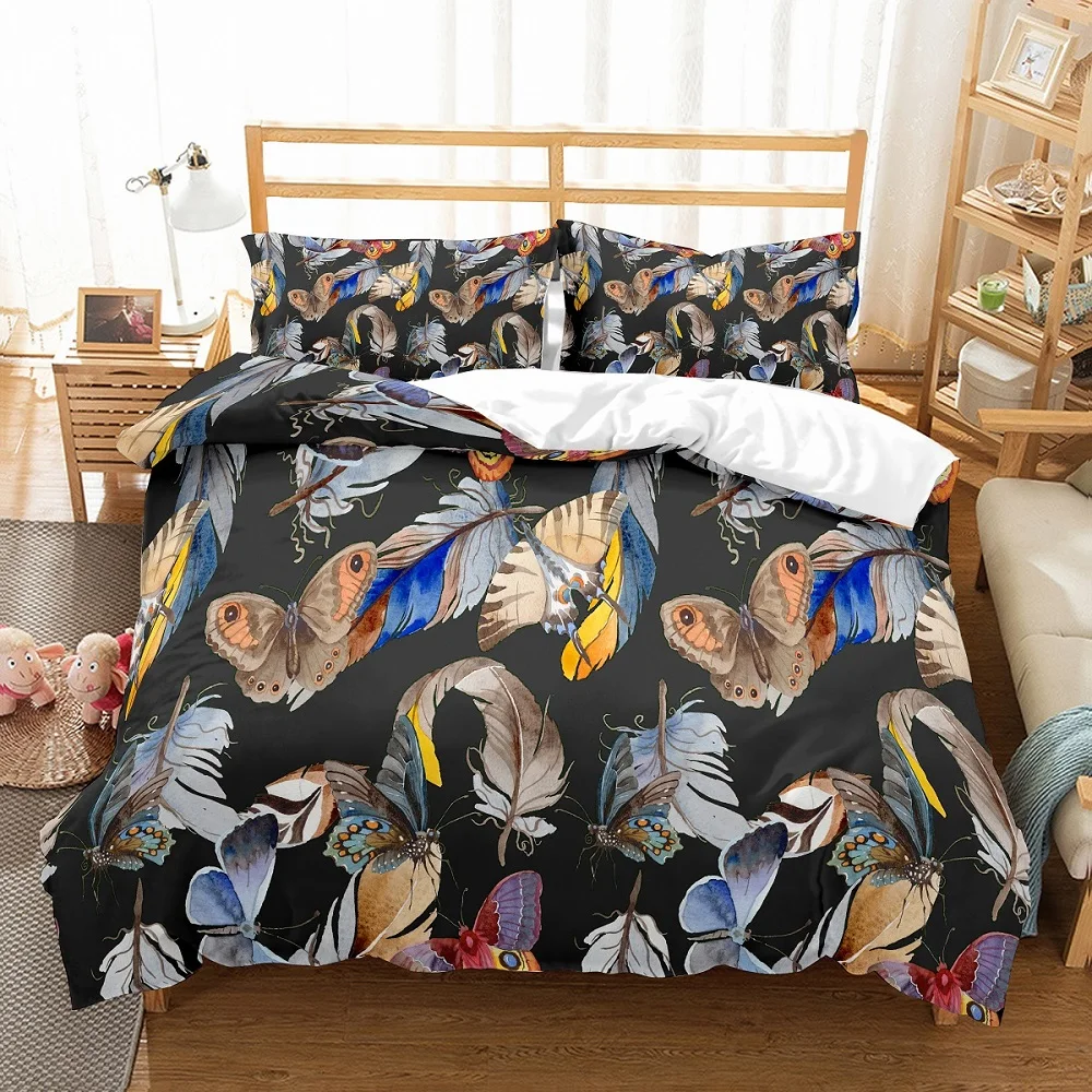 Gray Butterfly Feathers Black Background Microfiber Duvet Cover