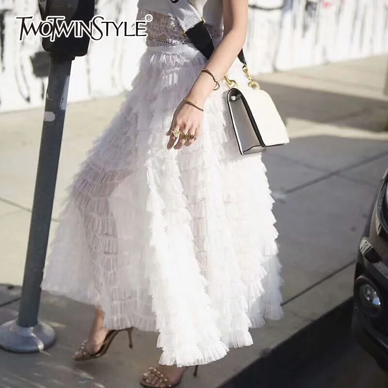 

TWOTWINSTYLE Mesh Skirt For Women High Waist Elastic Bow Ruffles Patchwork Summer Maxi Skirts 2019 Female Fashion Sweet Clothing