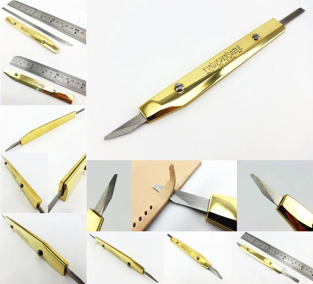 

Leather Craft Brass Handle Flat Cutting Cutter Knife Blade Indispensable Tool Set- Sew Carving Stitching Stamping Skiver Beveler