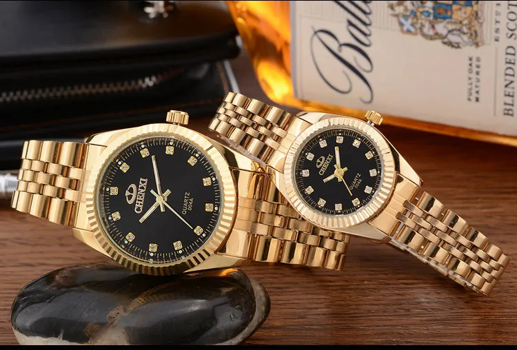 Модные золотые парные часы для женщин и мужчин, черные роскошные золотые часы из нержавеющей стали, деловые часы для влюбленных, водонепроницаемые 2 штуки