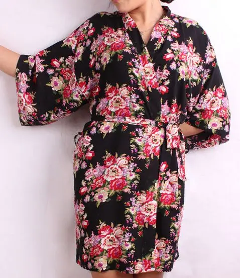 Новые халаты с цветочным принтом женские свадебные кимоно халат Цветок хлопок леди спа Ночное платье 12 цветов - Цвет: black