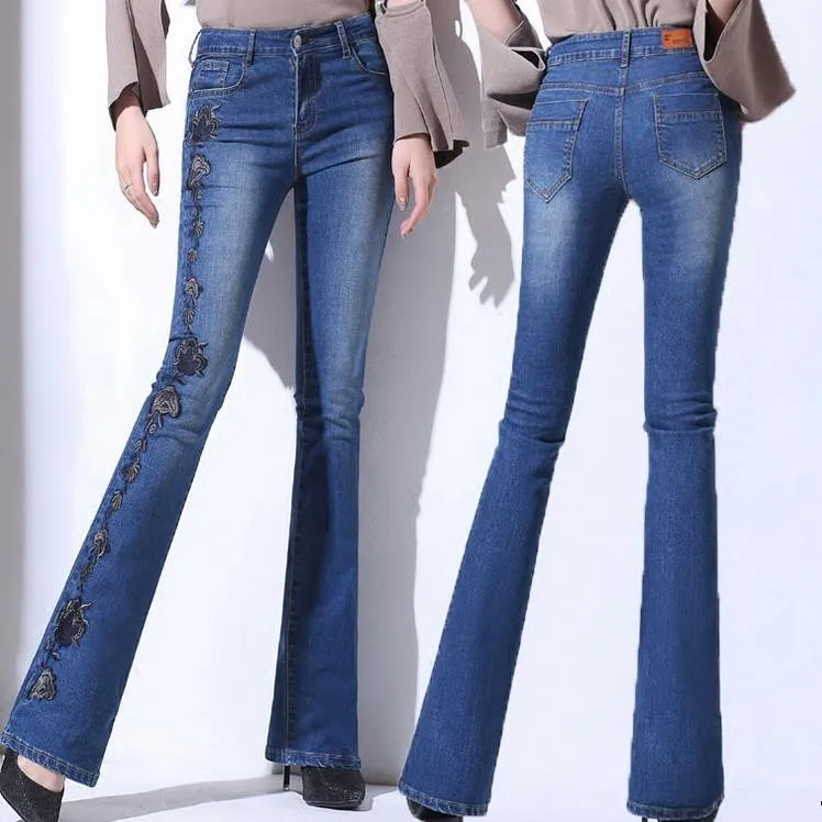Весенние и осенние новые джинсовые штаны с высокой талией, расклешенные джинсы с вышивкой в стиле ретро, длинные джинсы