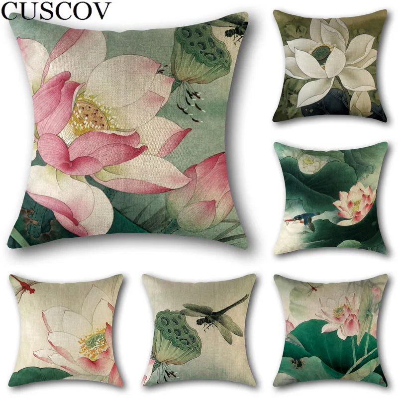 Antique Chinese style hand-painted pen lotus linen 45*45cm pillowcase sofa decoration seat cover pillow car bed cushion cover Antique Chinese style hand-painted pen lotus linen 45*45cm pillowcase sofa decoration seat cover pillow car bed cushion cover