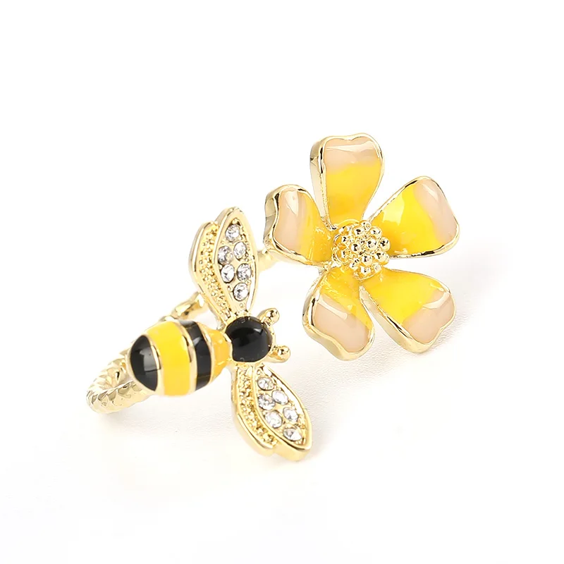 Ручной работы эмаль желтый цветок кольца для женщин Нежный цветок с Прекрасный кольцо пчела модные ювелирные изделия из меди подарок anillos mujer - Цвет основного камня: gold