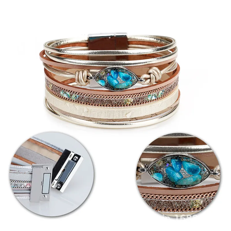 

Boho Braided Multi-Layer Leather Bracelet Cuff Bangle Rhinestone Handmade Magnetic Clasp Bracelet for Women