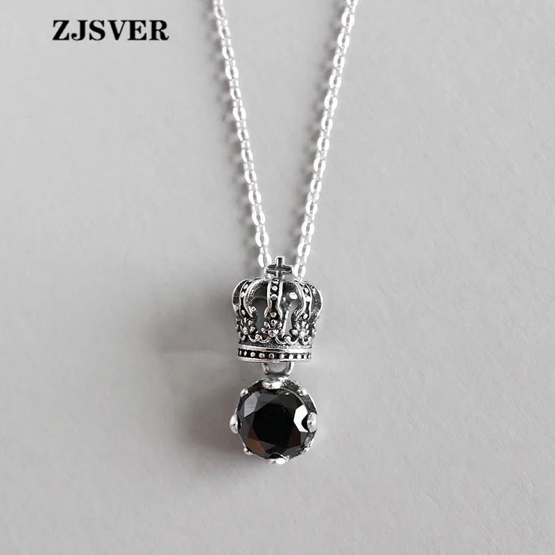 

ZJSVER Fine Jewelry 925 Sterling Silver Necklace Black Zircon Crown Shape Pendant Simple Retro Silver Chain Women Necklace