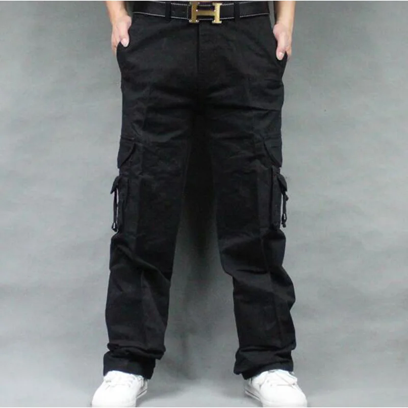 Мужские брюки-карго, повседневные мужские прямые брюки, брюки с несколькими карманами, мужские брюки для улицы, большие размеры - Цвет: Черный