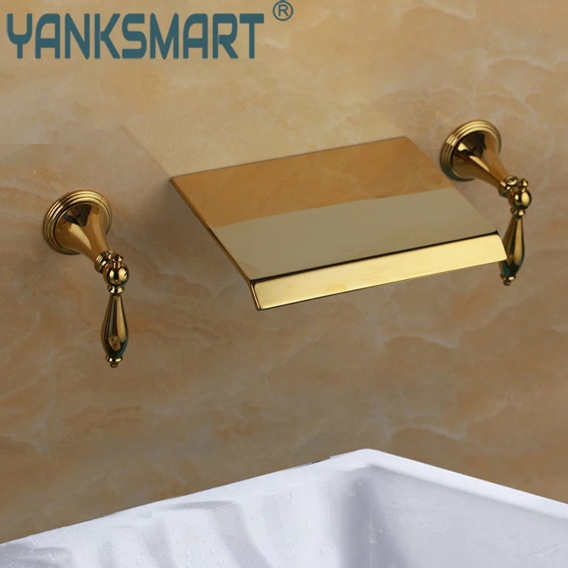 3PCS Bathroom Faucet Golden Double Handles Tub Sink Mixer Deck Mounted Tap 