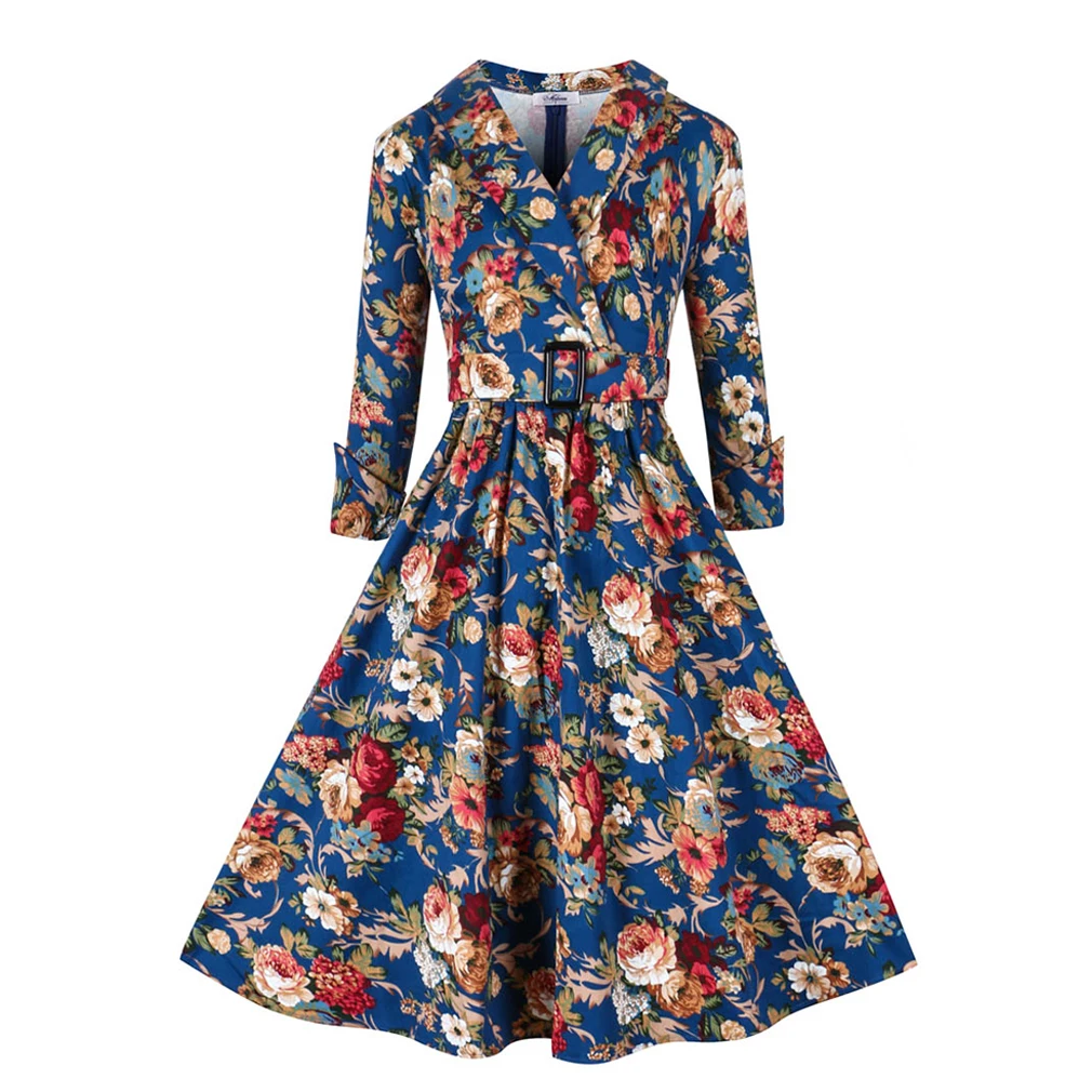 Brand Pus Size Women Dress Floral Print Hepburn Style Deep-V Neckline Swing Dres Retro Vintage 50s 60s Rockabilly Belted Vestido
