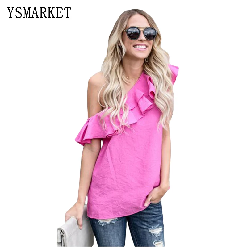 Bir omuz kapalı ruffles gömlek Yeni geldi kadınlar tops 2017 sıcak yaz rahat kısa backless kadın üst Artı Boyutu blusas E250127