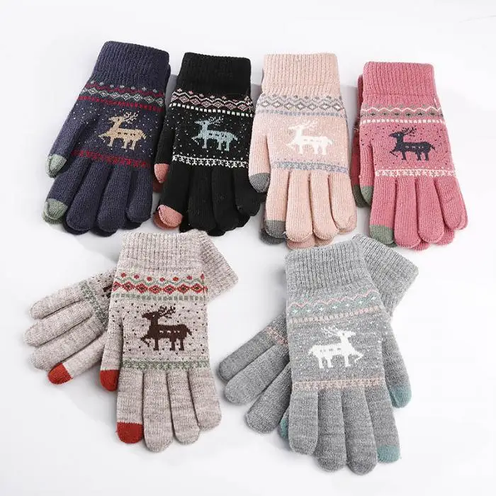 Милые олени Олени Вязаные перчатки полный палец Зимние перчатки сенсорный экран варежки для женщин женские перчатки для девочек
