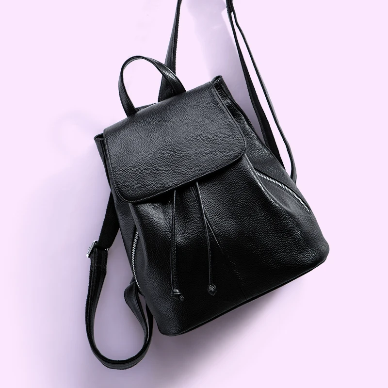 

2019 Elegant Women School backpack for Girl 100% Real Leather backpack feminina Soft String Female Daypack Black Rucksack