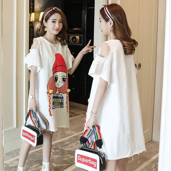

Pregnant women dress summer dew shoulder beaded wash water denim skirt maternity dress Korean fashion cartoon print