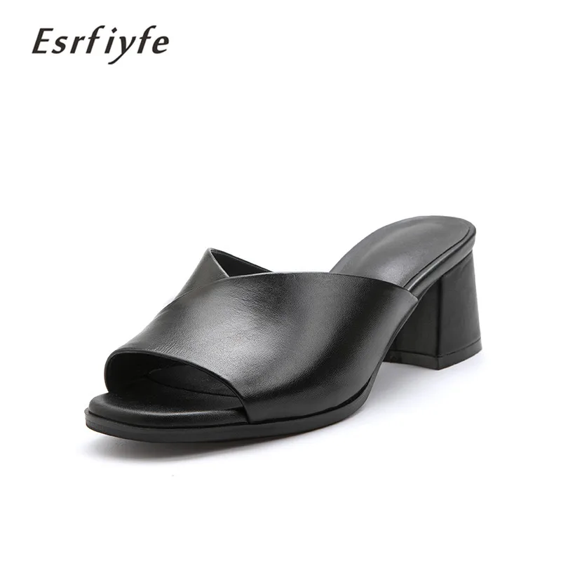 

ESRFIYFE 2019 New Genuine Leather Women Slippers Ladies Summer Slippers Shoes Women High Heels Open Toe Fashion Solid Shoes