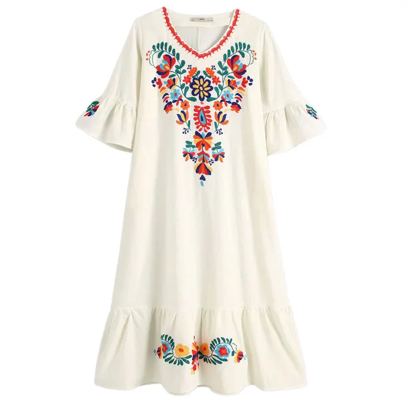 

Jastie Floral Embroidery V-Neck Dress Short Flare Sleeve Summer Dresses Loose Casual Midi Dress Boho Chic Beach Women Dresses