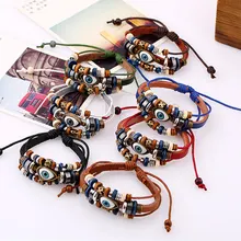 HouBian Punk Design Turkish Evil Eye Bracelets For Women Men Wristband Female Owl Leather Bracelet Ethnic Blue Stone T062803