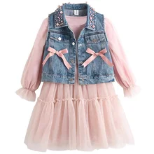 DZIECKO/Детские джинсы для девочек; платье-пачка с длинными рукавами; Летние джинсовые длинные платья; сарафан с жемчугом; Одежда для девочек; костюм