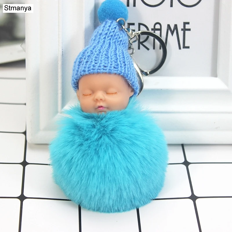 

Fashion Sleep Doll keychain Genuine Rex rabbit hair Car key ring High Quality Bag Accessories Woolen hat doll Gift Jewelry K1781
