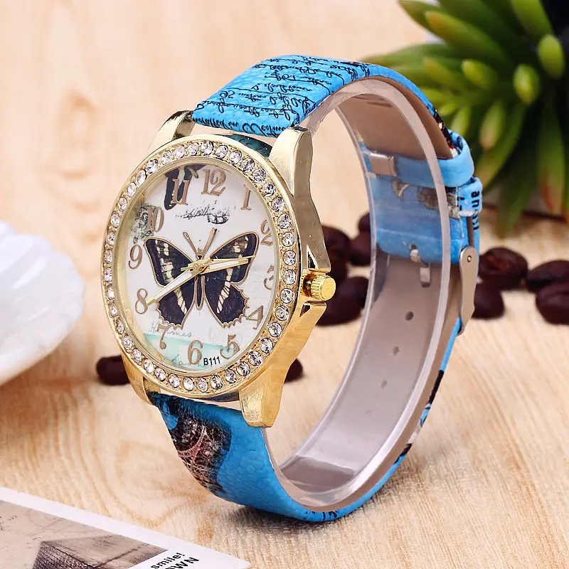 Лидер продаж, модные женские часы с бабочкой, с большим циферблатом из искусственной кожи, кварцевые наручные часы, дешевые часы, Прямая, Reloj Mujer