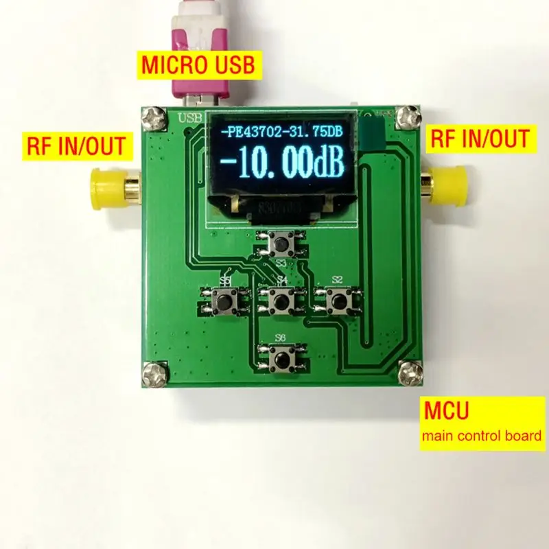PE43702 31,75 дБ Цифровой радиочастотный аттенюатор модуль 9 к-4 ГГц 0,25 дБ точность шагового шага с OLED для управления микроконтроллером платы