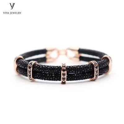 Rose Gold Роскошные ювелирные изделия из стерлингового серебра 925 пробы для мужчин DIY браслет настоящий черный браслет из кожи ската Collocation мужские часы для Vogue Man - Окраска металла: Rose Gold