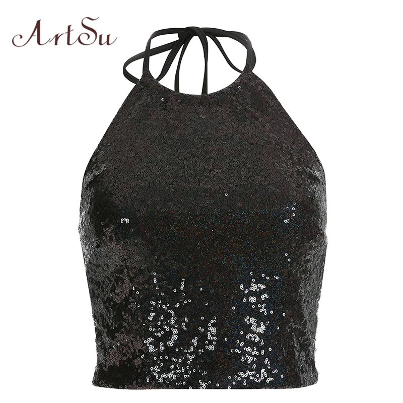 

ArtSu Sequin Black Halter Top Off Shoulder Crop Top Club Party Punk Glitter Top Sexy Femme Camis Bustier Top Women ASVE20447
