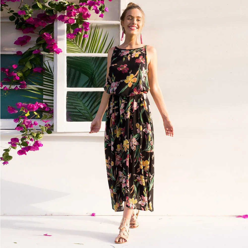 Новый 2018 для женщин платье Макси Boho Цветочные летние пляжные Длинные платья