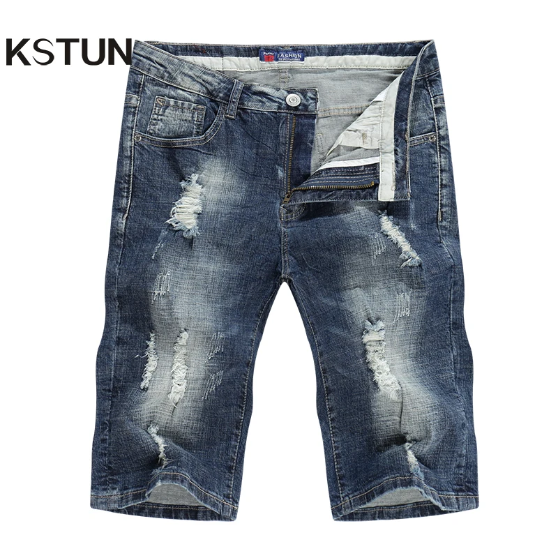

KSTUN Jeans Men Summer Shorts Stretch Hiphop Damaged Jean Broeken Mannen Vintage Pants Ripped Skinny Biker Male Short kanye west