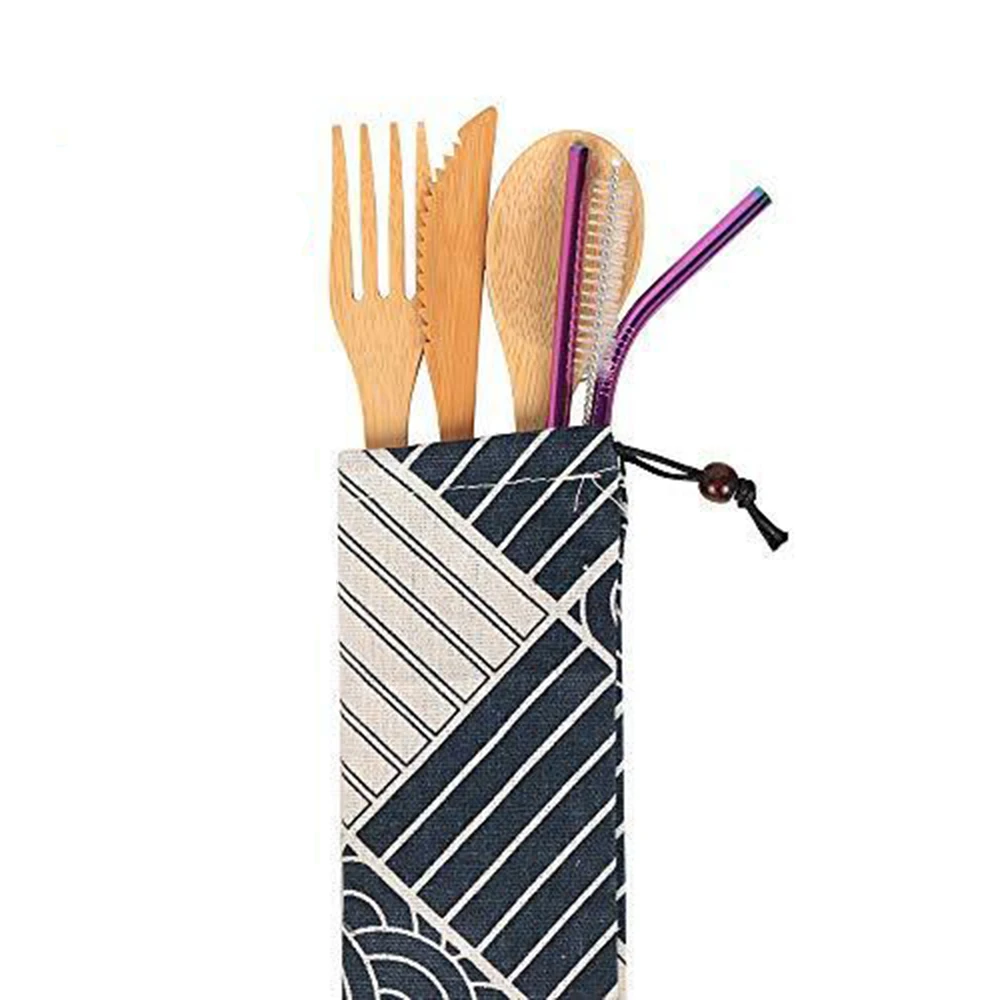 Portable Bamboo Flatware Cutlery Set Straw Dinnerware With Cloth Bag Knives Fork Spoon Chopsticks Travel Tool | Дом и сад