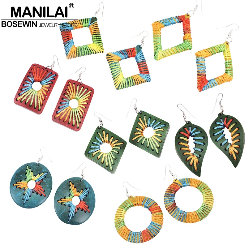 

MANILAI Bohemia Coconut Shell Dangle Earrings For Women Handmade Charm Weaving Rope Statement Earrings Wooden Jewelry