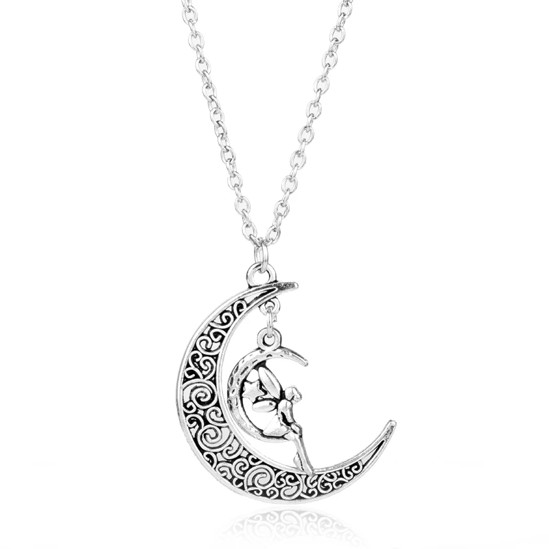 

MQCHUN Fashion Silver Fairy Sitting on Crescent Moon And Star Necklace Fairie Necklace Women Charm Fairy Angel Choker Necklaces