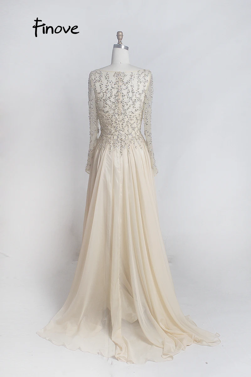 Finove Prom Dresses Long 2020 Long Sleeve Crystals Beading By Hand Sexy See-through A-Line Bridesmaid Dresses Robe de Soiree