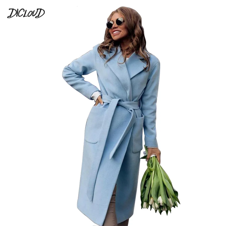

Autumn and Winter Casual Long Coat Women Tight Sashes Pocket Long Sleeve Slim Coats Ladies Fashion Simple Solid Coat Female