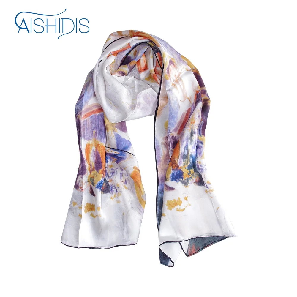 

100% Stain Charmeuse Silk Long Scarf Head Scarves Classic Oil Painting Works Designer Handmade Hems Mother's Gift