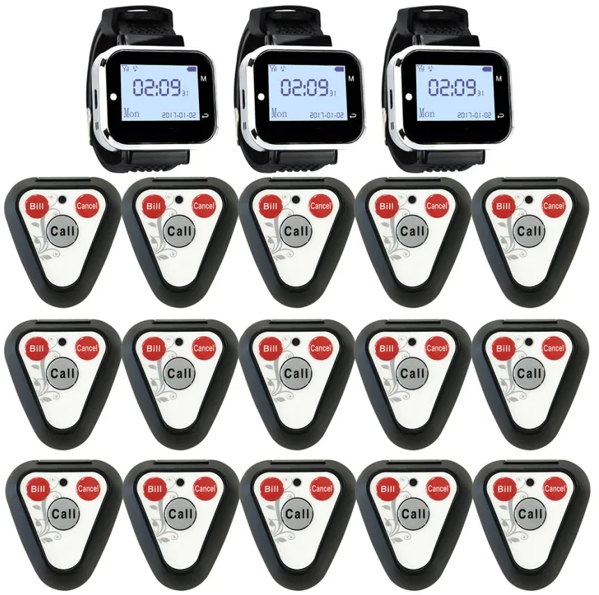 black button JINGLE BELLS Wireless Calling System 15 Calling Buttons 3 Watch Pager for Restaurant Equipment/ Call Bells for hotel, cafe, spa - Цвет: black button