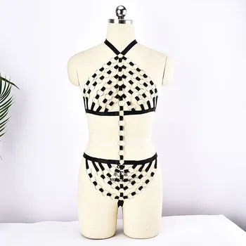 

Gothic Sexy Silver Plated Big Ring Body Harness Set Fetish Crop Top Strappy Bralette + Bottom Pantie Briefs Pole Dance Lingerie